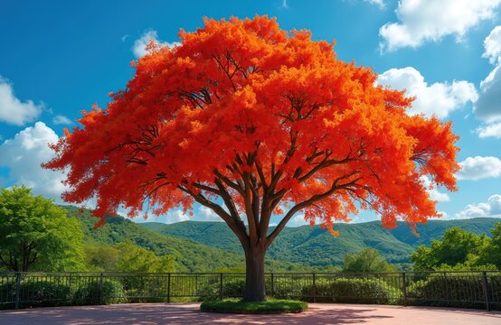 Vibrant orange tree stands against bright blue sky with white clouds. Lush green hills form background behind railing. Sunny day, summer season, beautiful nature landscape.
