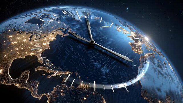Earth with clock hands over glowing continents represents global time, planet rotation, and the pace of modern technology in space