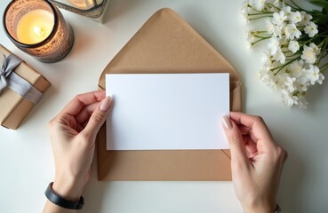 Obraz premium Woman holds blank white card from brown envelope. Gift box, white flowers, candle on table. Ready for message writing for any occasion, celebration, or greeting.