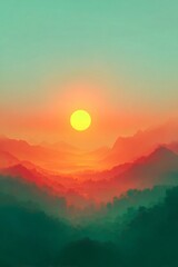 Obraz premium Mountain landscape at sunrise with orange and teal sky