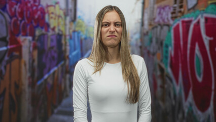 Naklejka premium Young hispanic woman grimacing with eyes closed and exposed face in narrow graffiti alley street; disgust unease.