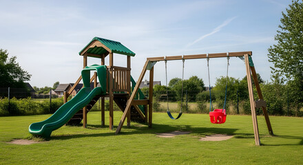 Panorama frame Scenic view at a park with colorful childrens playground and benches on pathway
