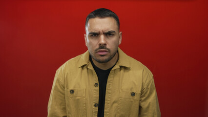 Obraz premium Young hispanic man wearing yellow jacket with intense frown in front of red studio wall; frustration.