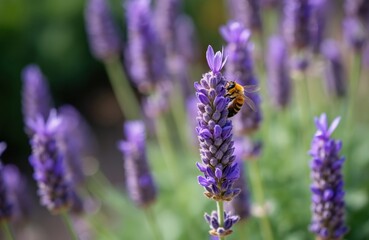 Obraz premium Bee collects nectar from purple lavender flower in bright sunny garden. Pollinator works on blossom with green blurred background. Insect lands on fragrant plant.