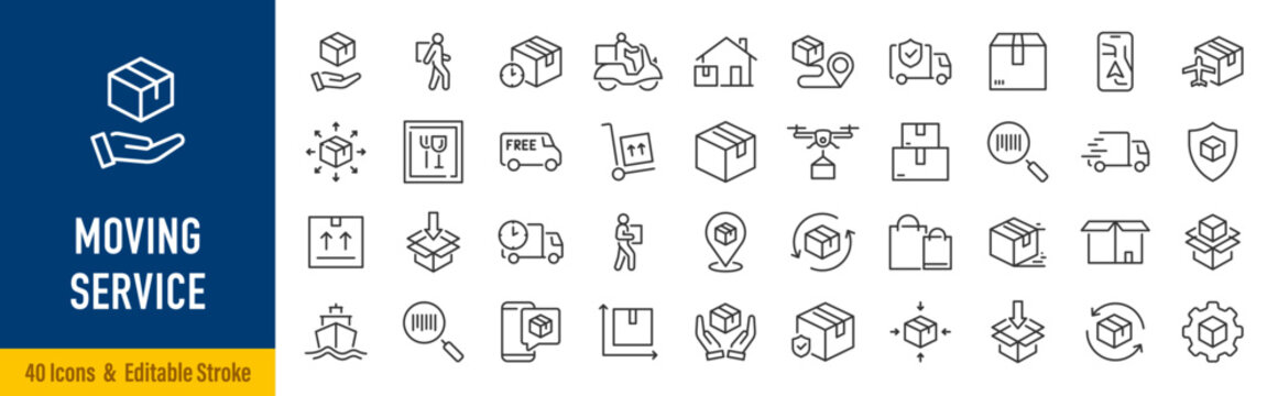 Moving Service web icons in line style. Courier, office move, packing, loaders, collection. Editable stroke.  Vector illustration.