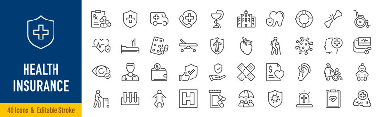Health insurance web icons in line style. Protection, accident, diagnostic, safety, doctor, collection. Editable stroke.  Vector illustration.