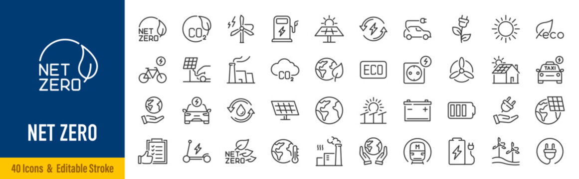 Net Zero web icons in line style. Green energy, CO2 neutral, gas emissions, climate, ecology, collection. Editable stroke.  Vector illustration.