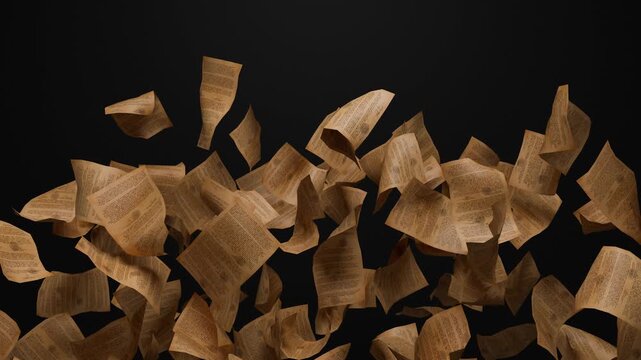 Falling Ancient Manuscripts and Vintage Contracts on Black Background - Historical Archive and Magic Concept