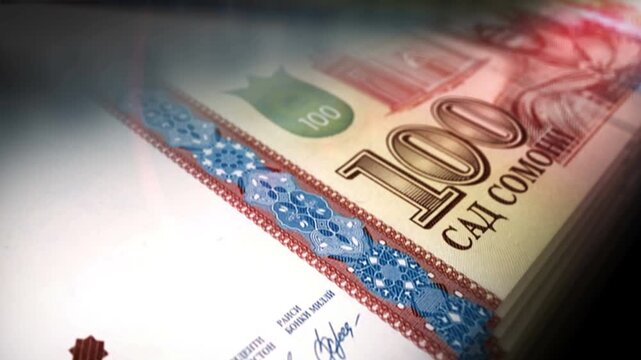 Tajikistan somoni Tajikistani money counting. 100 TJS banknotes. Fast cash note count macro loop. Business, finance and economy. Loopable and seamless concept.