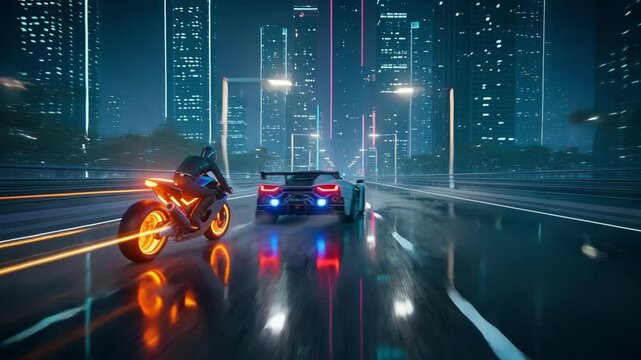 Fast Firelit Highway Chase, Fast Rider Races Alongside Glowing Hypercar