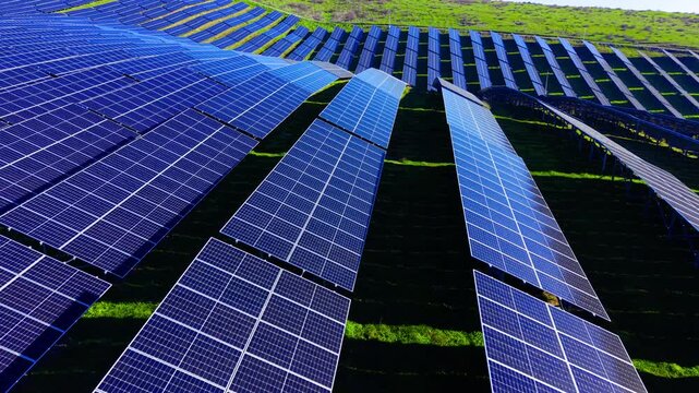 Close-up aerial view of solar panel rows following the contours of a green grassy hill. The blue photovoltaic cells are mounted on metal frames.