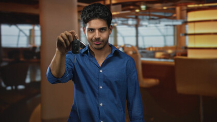 Naklejka premium Man wearing blue shirt holds car keys up in hand, inspects and presents the keyfob while standing in an airport lounge; ownership confidence.