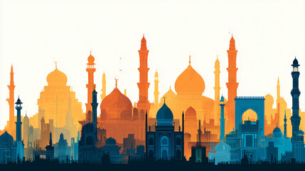 Islamic Architecture Cityscape with Mosques and Minarets Illustration