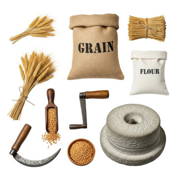 Hyperrealistic flat lay of vintage grain and flour sacks, sickle, quern, and wheat sheaves on transparent background, mimicking a 19th-century technical engraving. Concept of traditional agriculture