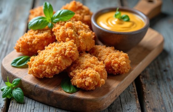 Crispy chicken popcorn nuggets served with a creamy mustard dipping sauce. Garnished with fresh basil leaves, these bite sized fried delights are perfect for snacks or meals.