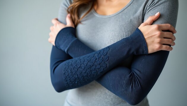 Woman wears compression arm sleeve with textured pattern for support. She crosses arms, showing fabric detail. Ideal for therapy or fashion.