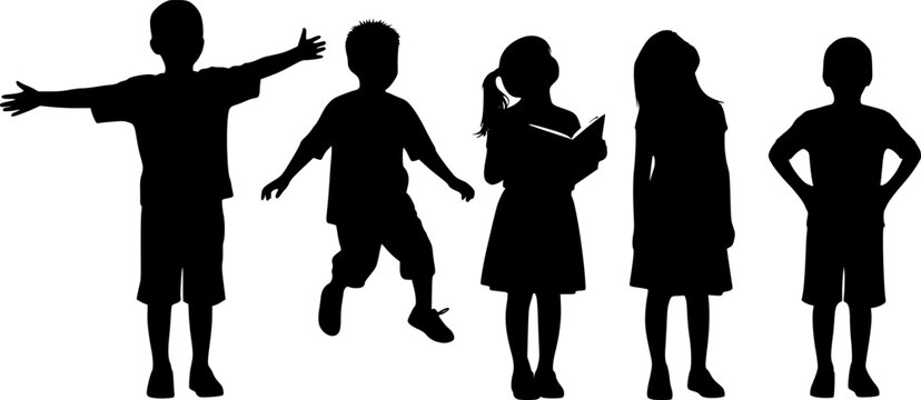 Group of children various poses standing in row vector silhouette 