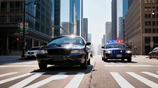 Sedan Speeds Past Patrol Car, Classic Vehicle Races Through Busy Streets