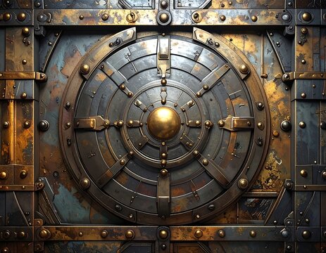 Ornate, rusted metal hatch with circular center on riveted panel backdrop