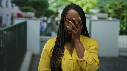 Fototapeta premium Woman wearing yellow shirt with braided hair stands with hand on face in urban outdoor setting with blurred background, conveying emotion and style.