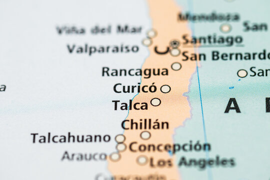 Map of south central Chile highlighting Talca Chillan and Concepcion.