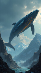 Mystical Whale Floating Above Mountain Valley