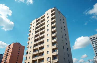 Fototapeta premium Tall apartment buildings in Japan under a clear blue sky with white clouds. Residential blocks with balconies show urban housing. Cityscape view in Asia.