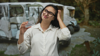 Fototapeta premium Woman wearing white shirt and glasses holds creditcard and touches hair in forest near parked golfcart and trees; financial doubt.