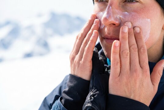 Person applying sunscreen on their face while standing in a snowy mountain area during a sunny day