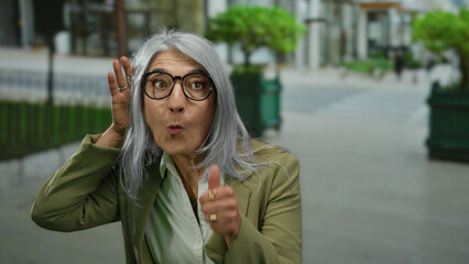 Fototapeta premium Senior woman with grey hair and glasses giving thumbs up and listening gestures on a city street, expressing curiosity and positivity outdoors with blurred background.