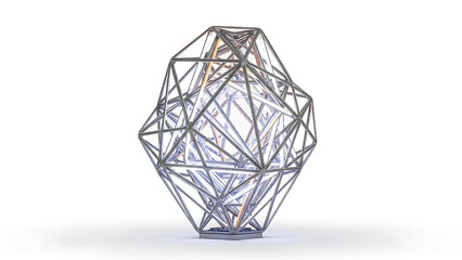 Geometric metal sculpture with triangular shapes and glowing light inside isolated on transparent background