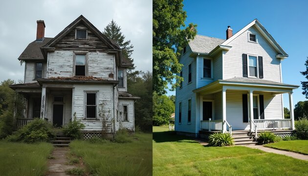 Old derelict house transformed into beautiful renovated home. Side by side comparison shows decay versus new siding, fresh paint, landscaping. Visual contrasts neglect with renewal, modern updates.