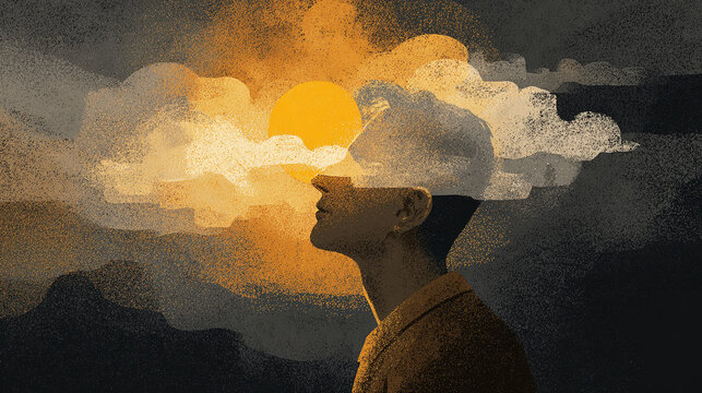Minimal flat illustration, surreal man with clouds, sun and sky around his head, mental health concept, soft natural light, dark colors