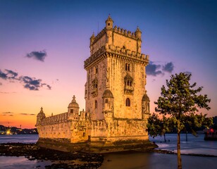 Obraz premium Ornate stone tower stands in water during a vibrant sunset, silhouetting a tree