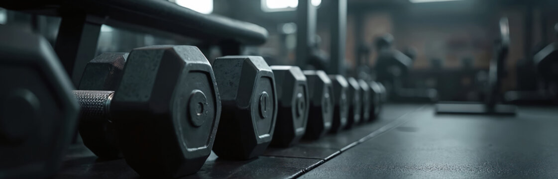 Row of heavy dumbbells on gym floor. Blurred background shows exercise equipment and empty space. Modern fitness center with weights and bench. Copy space for text.