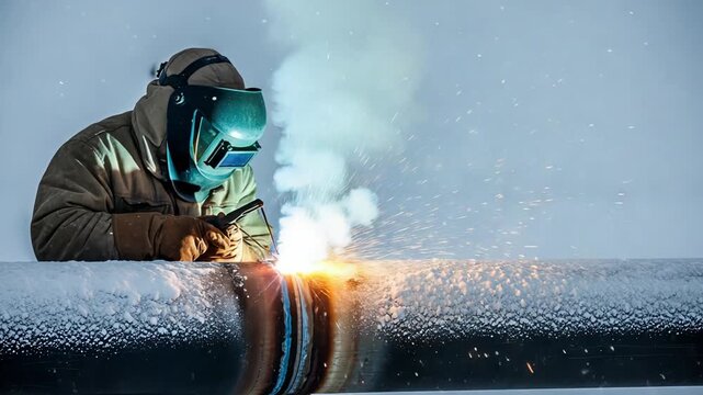 Experienced Welder Conducts Repairs On Icy Pipeline Amidst Sparks