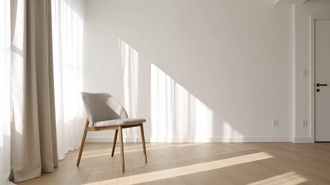 白い壁と明るい木床だけで構成された、余白を活かしたミニマルな室内空間。
一脚のチェアに自然光がゆっくりと差し込み、影が静かに移ろう映像です。
ほとんど動かないカーテンと穏やかな光が、落ち着いた印象を演出。