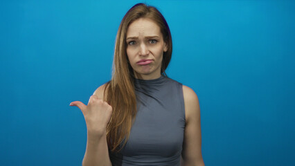 Fototapeta premium Woman in sleeveless gray top frowning with dramatic thumb pointing to side in blue studio setting; disgust.
