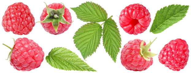 Fresh raspberries and green leaves isolated on white, set