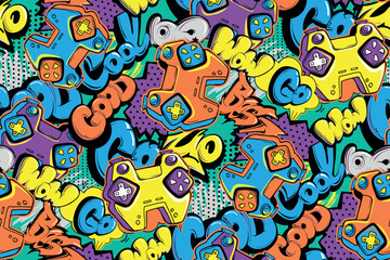 Seamless lettering pattern with cartoon gamepads, controllers and graffiti words in pop art comic style. Gaming print for sport fabric, streetwear, youth apparel, textile and wrapping paper. © Kseniia Koval