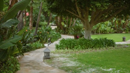 Blurred view of a lush tropical resort pathway with defocused greenery and bokeh effect in a luxury outdoor setting epitomizing tranquility and relaxation.