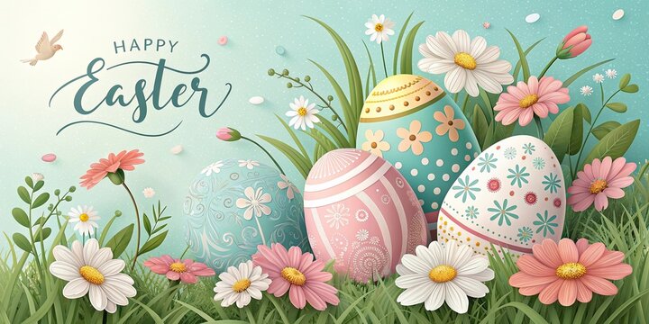 Happy Easter spring landscape with decorated eggs flowers and meadow scene.