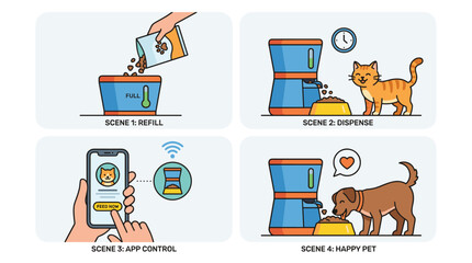 Automated Smart Pet Feeder Vector Illustration Set Featuring Four Scenes: Refilling Food, Scheduled Dispensing for a Cat, Remote App Control via Smartphone, and a Happy Dog Eating Healthy Meal