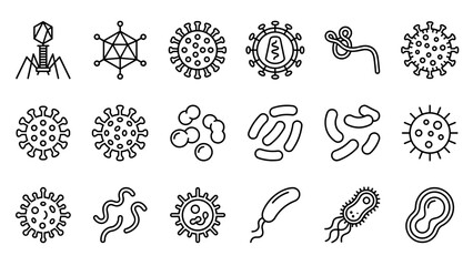 Vector Set of Virus and Bacteria Structure Line Icons in Minimalistic Style. Collection of Unique Microorganisms Including Bacteriophage, Adenovirus, Ebola, Coronavirus, Bacilli, and Pathogens.