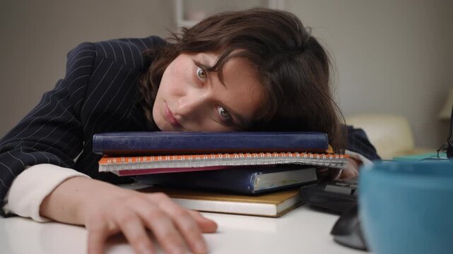 Overworked young woman feeling exhausted and falling asleep on a stack of notebooks at her office desk. Burnout and fatigue concept