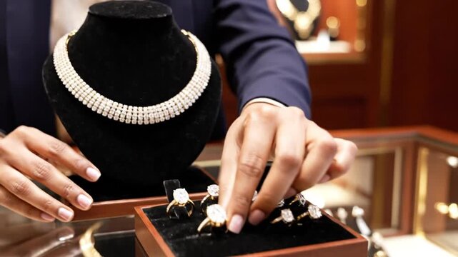 Jeweler showcasing and handling expensive diamond necklaces and rings in a high-end jewelry store