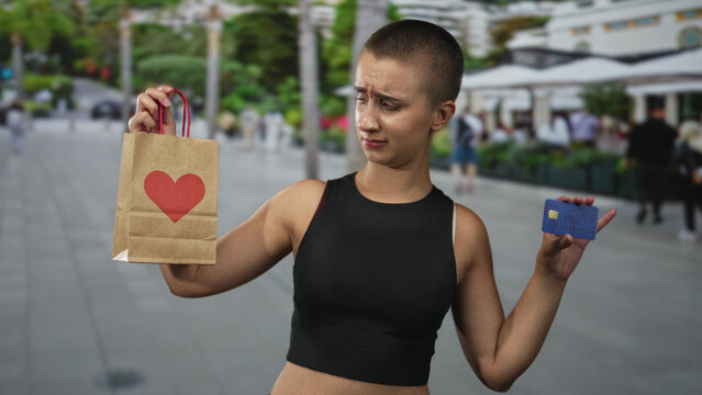 Woman with short hair holds paper bag with red heart in left hand and displays creditcard in right hand on street; doubt consumer choice.
