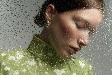 Fototapeta premium Soft and emotional portrait of a woman in a green floral outfit behind a rain-covered glass, evoking serenity, spring renewal, and quiet reflection.
