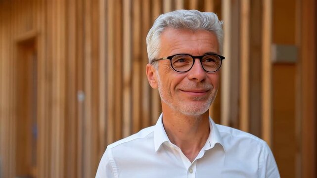 Sophisticated Portrait: A professional gentleman with silver hair and smart eyeglasses smiles against a backdrop of natural wood, conveying a sense of intellect and approachability.