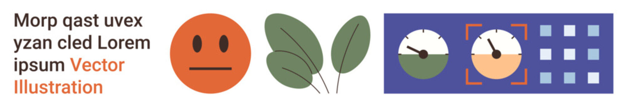 Emotional analysis, sustainability, data visualization, technology, monitoring, human connection. Abstract orange face, green leaves gauges and grid layout. Emotional analysis and sustainability